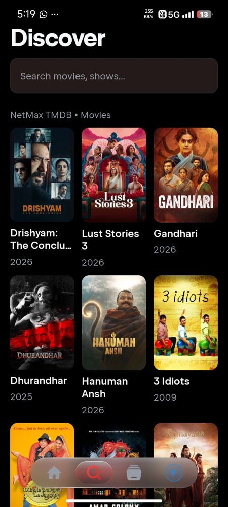 NETMAX Discover screen with movie search and trending titles